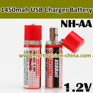 2PCS New Portable1.2V 1450mAh AA Ni-MH Cells USB Charger Rechargeable Battery Batteries